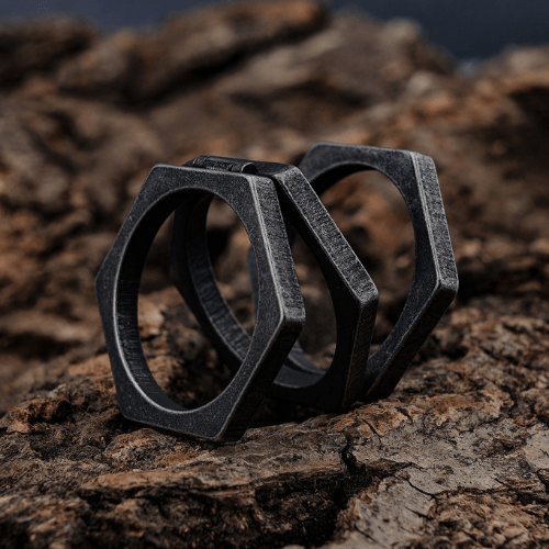 WOLFHA JEWELRY RINGS Hexagonal Simple Unique Stainless Steel Ring Black 2