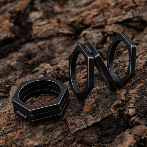 WOLFHA JEWELRY RINGS Hexagonal Simple Unique Stainless Steel Ring Black 4