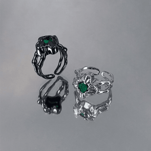 Wolfha Jewelry Irregular Wrinkled Surface Geometric Green Gemstone Opening Women's Titanium Steel Rings 1