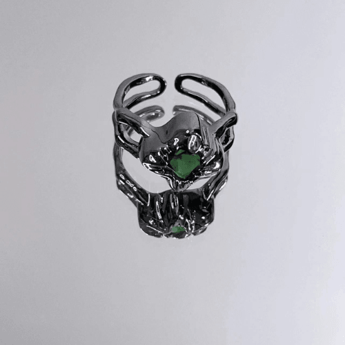 Wolfha Jewelry Irregular Wrinkled Surface Geometric Green Gemstone Opening Women's Titanium Steel Rings 3