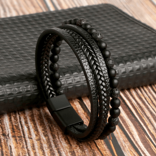 WOLFHA JEWELRY BRACELETS Layered Leather Beaded Bracelet Black 2