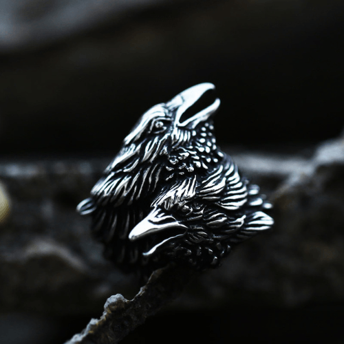 WOLFHA  JEWELRY RINGS Odin Ravens Huginn and Munin Stainless Steel Nordic Ring Silver 1