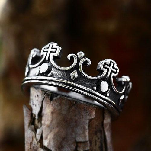 WOLFHA JEWELRY Punk Crown Cross Stainless Steel Ring 2