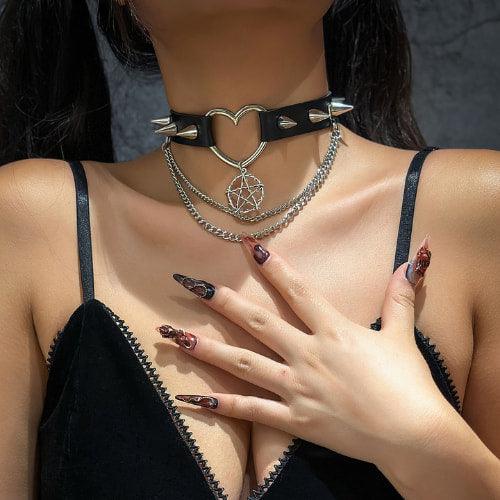 Wolfha Jewelry Punk Gothic Rivet Heart Necklace Adjustable 3