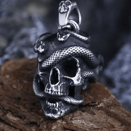 WOLFHA JEWELRY PENDANT Punk Style Skull and Snake Stainless Steel Pendant Silver 2