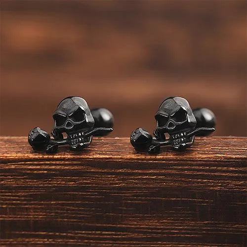 punk skull rose stud earrings black