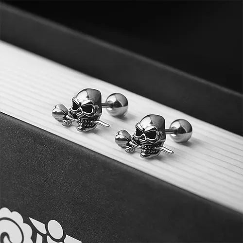 punk skull rose stud earrings silver