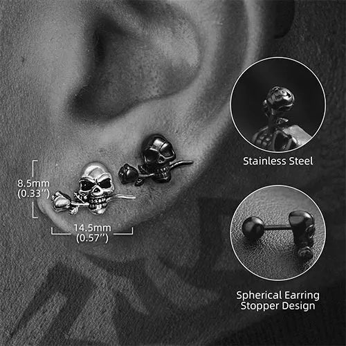 punk skull rose stud earrings black