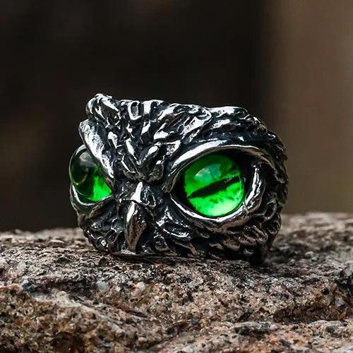 Wolfha Jewelry Retro Owl Green Eye Titanium Steel Ring 1