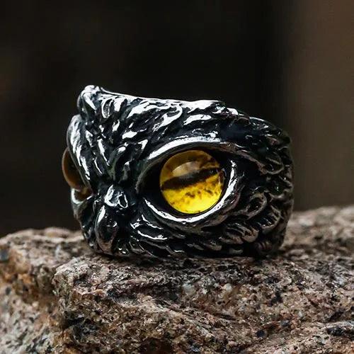 Wolfha Jewelry Retro Owl Yellow Eye Titanium Steel Ring 1