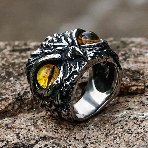 Wolfha Jewelry Retro Owl Yellow Eye Titanium Steel Ring 2