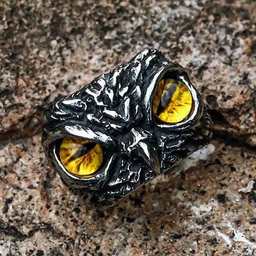 Wolfha Jewelry Retro Owl Yellow Eye Titanium Steel Ring 4