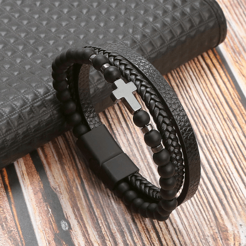 WOLFHA  JEWELRY Three-Layer Leather Braided Wrap Cross Black Beaded Bracelets Black 1