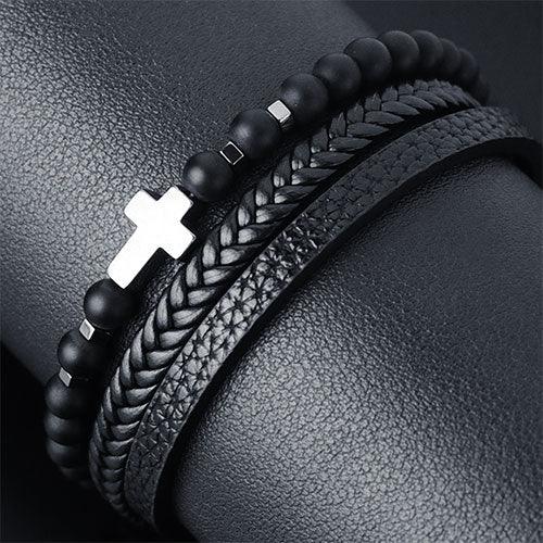 WOLFHA JEWELRY Three-Layer Leather Braided Wrap Cross Black Beaded Bracelets Black 3