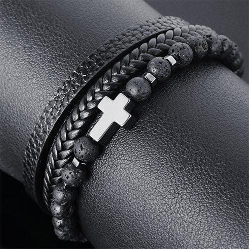 WOLFHA JEWELRY Three-Layer Leather Braided Wrap Cross Volcanic Beaded Bracelets Black3
