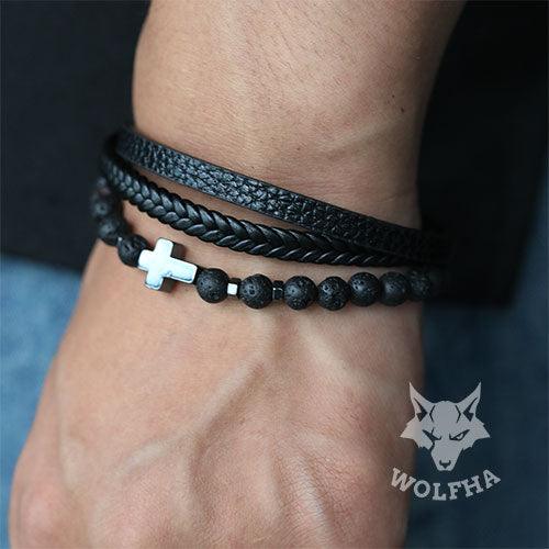 WOLFHA JEWELRY Three-Layer Leather Braided Wrap Cross Volcanic Beaded Bracelets Black 5