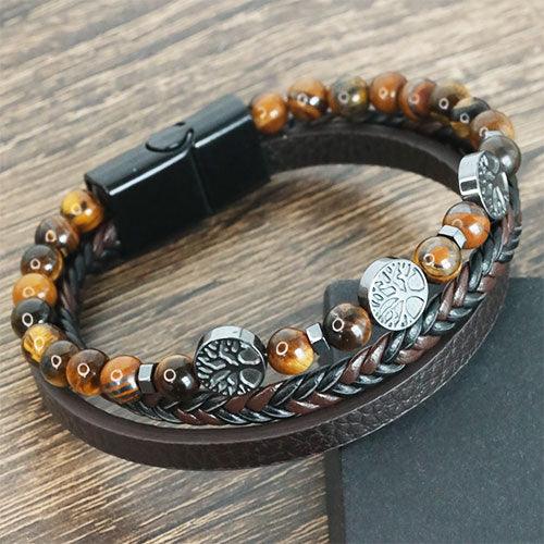 WOLFHA JEWELRY Tree of Life Leather Braided Wrap Tiger Eye Beaded Bracelets Brown 1