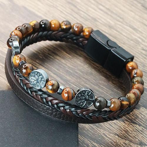 WOLFHA JEWELRY Tree of Life Leather Braided Wrap Tiger Eye Beaded Bracelets Brown 2