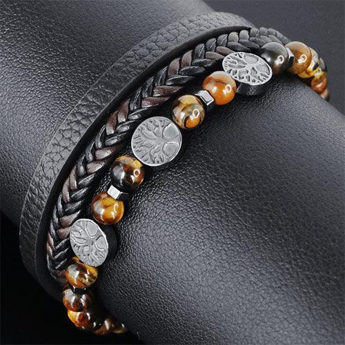 WOLFHA JEWELRY Tree of Life Leather Braided Wrap Tiger Eye Beaded Bracelets Brown 3