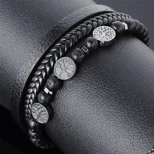 WOLFHA  JEWELRY Tree of Life Leather Braided Wrap Volcanic Beaded Bracelets  Black 3
