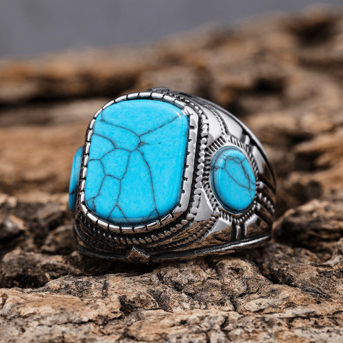 Wolfha Jewelry Turquoise Square Stone Silver Stainless Steel Ring 3