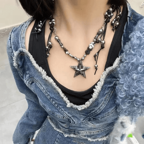 Wolfha Jewelry Vintage Punk Five-pointed Star Wax Rope Splicing Pendant Necklace for Women 2