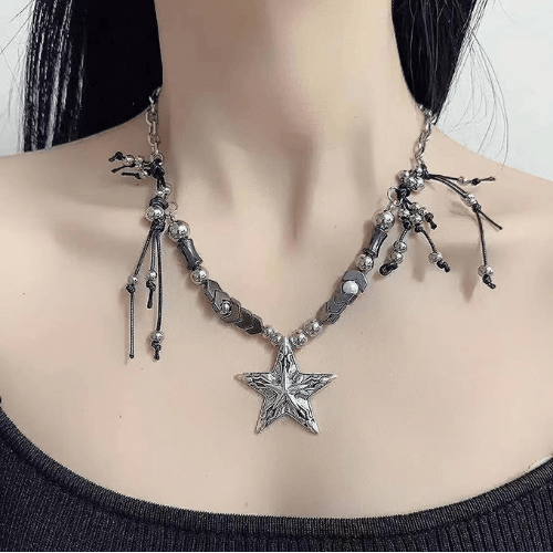 Wolfha Jewelry Vintage Punk Five-pointed Star Wax Rope Splicing Pendant Necklace for Women 3