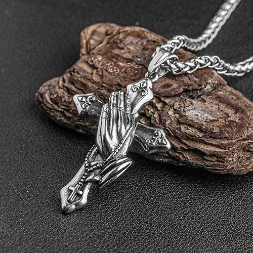 WOLFHA  JEWELRY Vintage Praying Hands Cross Stainless Steel Pendant Silver 1