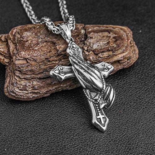 WOLFHA  JEWELRY Vintage Praying Hands Cross Stainless Steel Pendant Silver 2