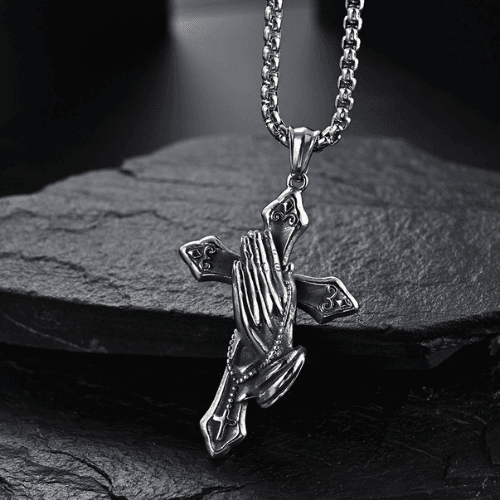 WOLFHA JEWELRY Vintage Praying Hands Cross Stainless Steel Pendant Silver 3