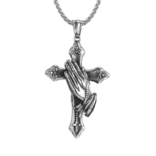 WOLFHA JEWELRY Vintage Praying Hands Cross Stainless Steel Pendant Silver 5