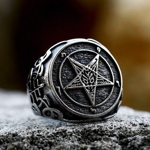 WOLFHA JEWELRY Vintage Satanic Star Circle Stainless Steel Ring 3