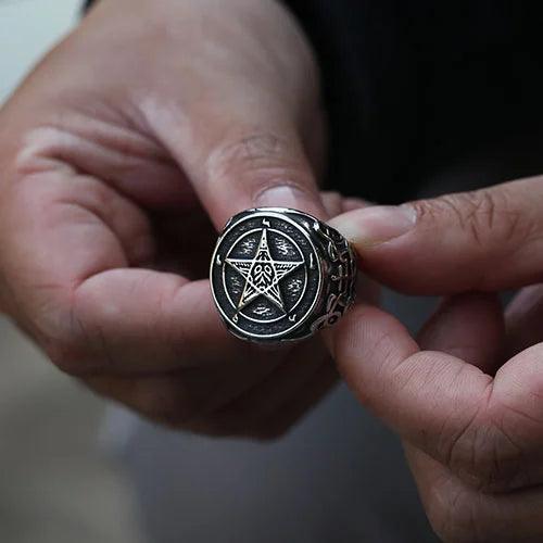 WOLFHA JEWELRY Vintage Satanic Star Circle Stainless Steel Ring 7