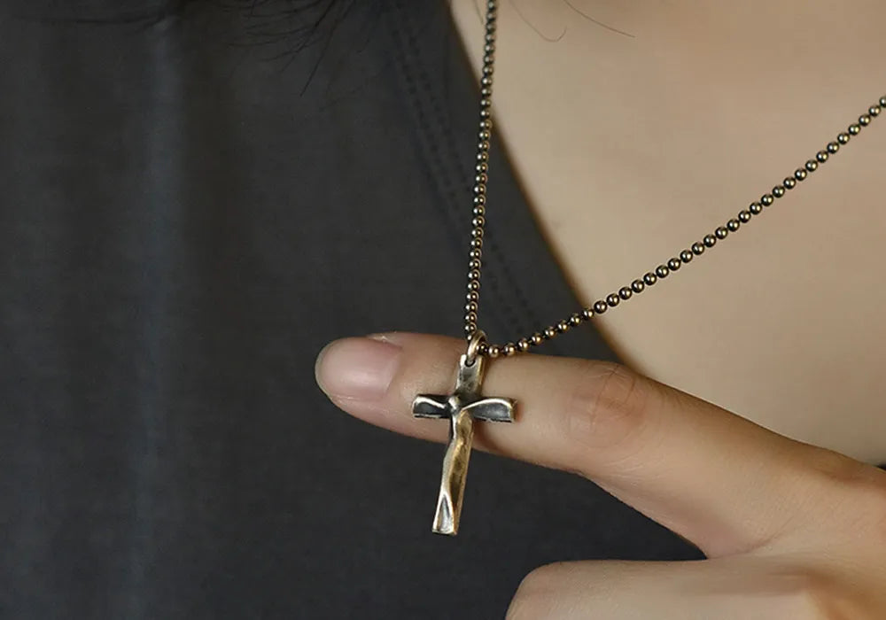 wolfha_jewelry_vintage_handmade_sterling_silver_cross_pendant_necklace